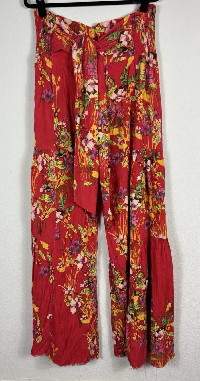 Free People One Pants L Red Aloha Floral Tie Waist Wide Leg Boho Resort Vacation